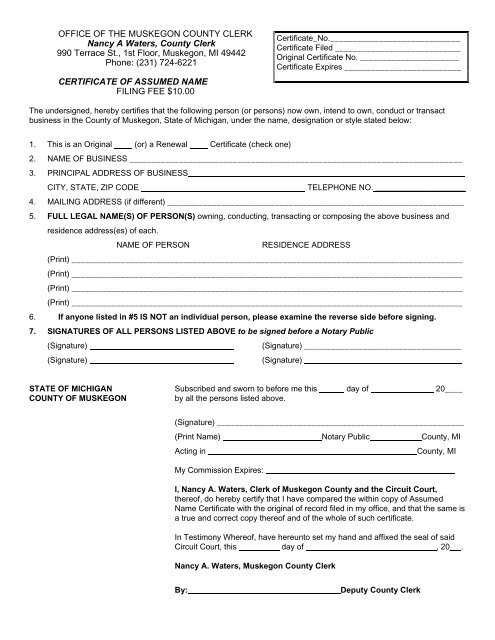 Certificate Of Assumed Name Form Muskegon County