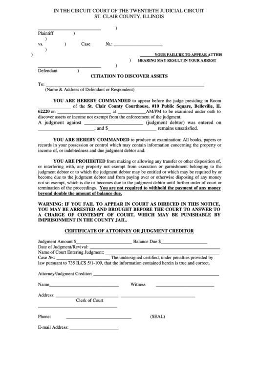 Fillable Citation To Discover Assets St Clair County Illinois 