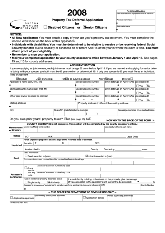 Fillable Form 150 490 015 Property Tax Deferral Application For