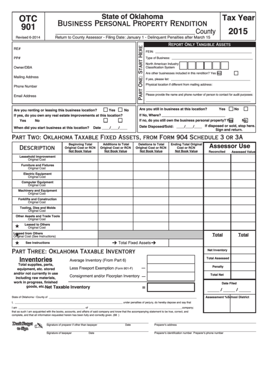 Fillable Form Otc 901 Business Personal Property Rendition 2015