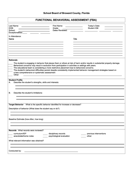 Fillable Functional Behavioral Assessment Fba Printable Pdf Download