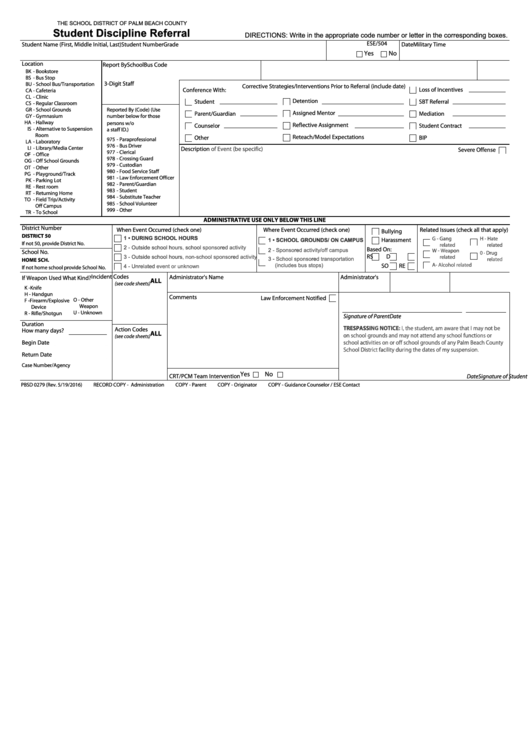 Fillable Student Discipline Referral The School District Of Palm
