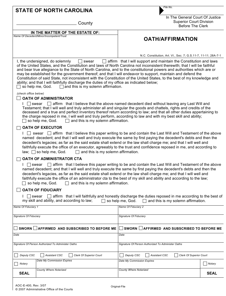 Form AOC E 400 Download Fillable PDF Or Fill Online Oath Affirmation Form AOC E 400 Download Fillable PDF Or Fill Online Oath Affirmation