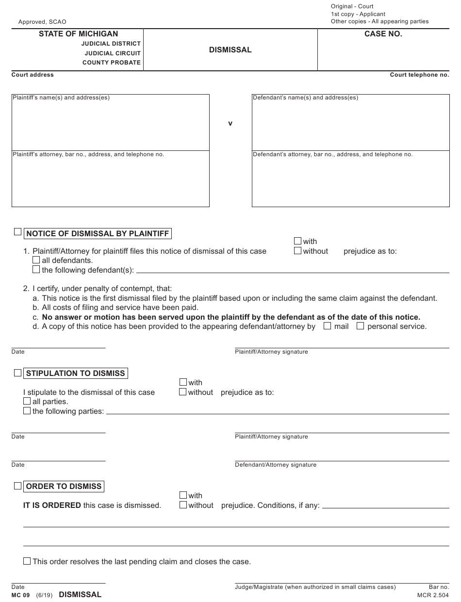 Form MC09 Download Fillable PDF Or Fill Online Dismissal Michigan Form MC09 Download Fillable PDF Or Fill Online Dismissal Michigan