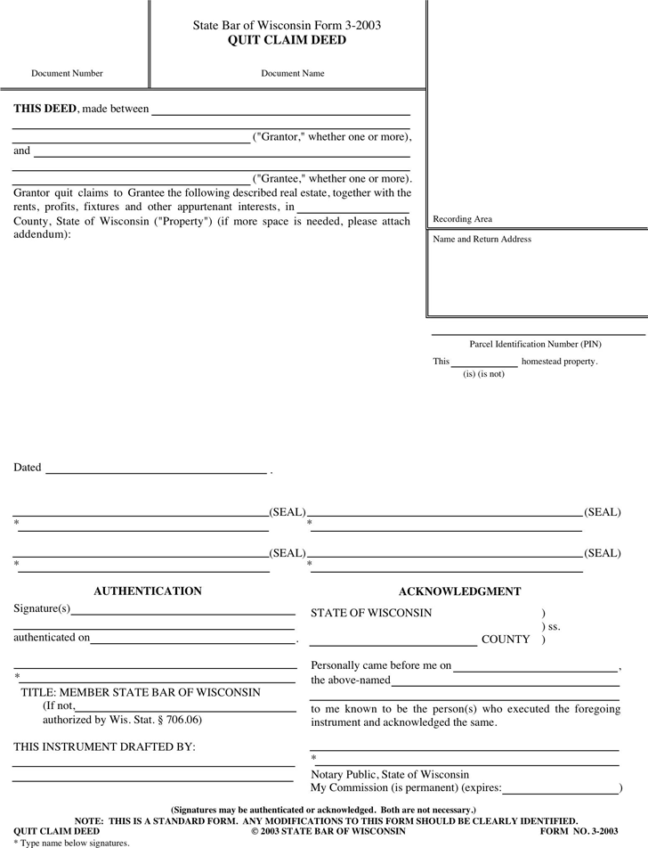 Free Wisconsin Quitclaim Deed Form PDF 25KB 1 Page s