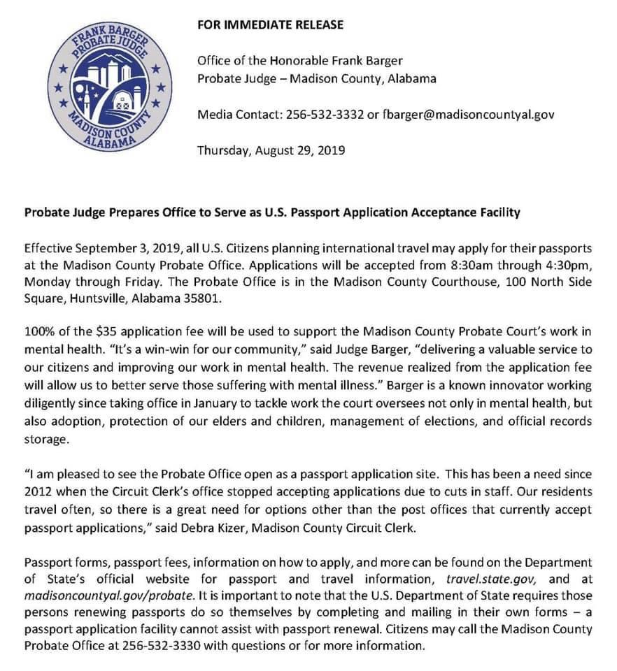 Madison County Probate Judge Office To Serve As US Passport Application 