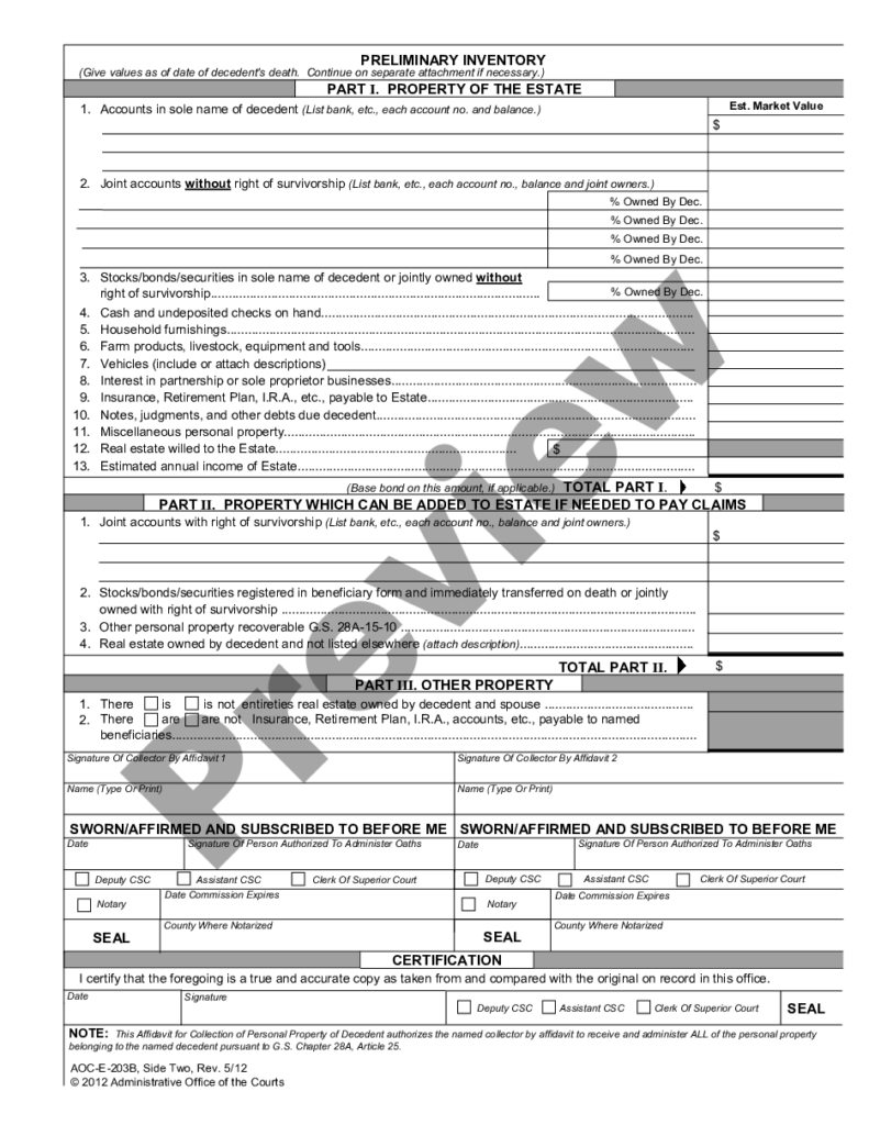 North Carolina Small Estate Affidavit And Related Forms Package For 