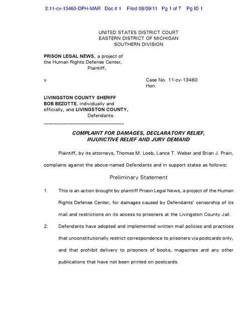 Prison Legal News V Bezotte Livingston County Jail Censorship 