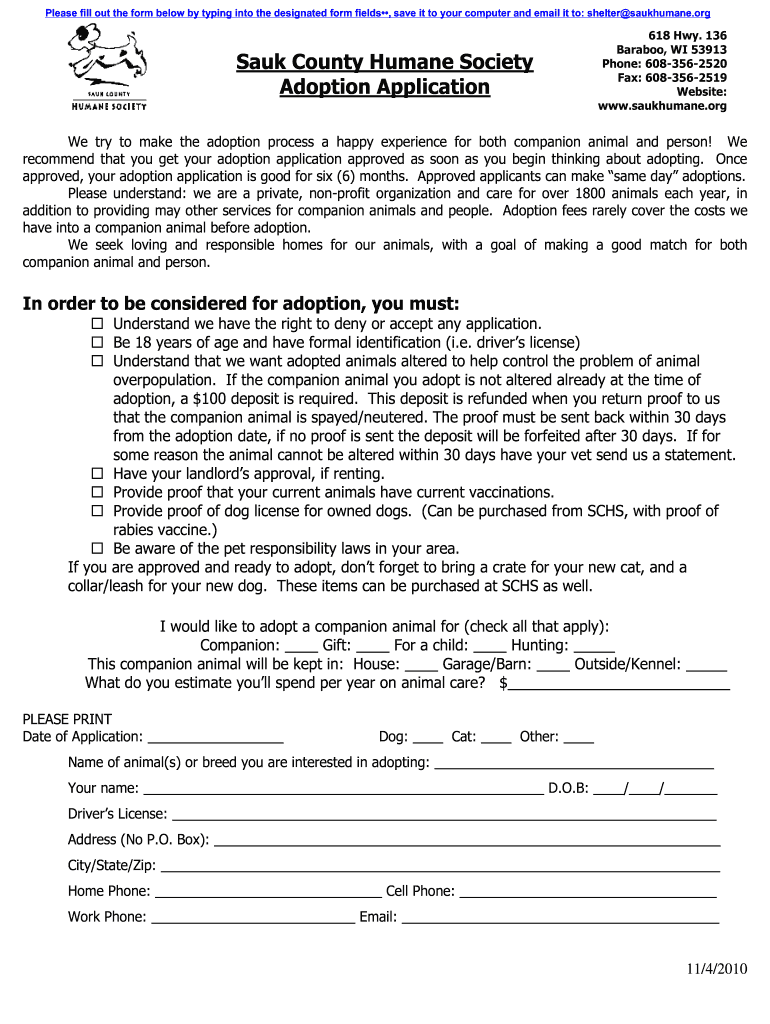 Sauk County Humane Society Fill Online Printable Fillable Blank