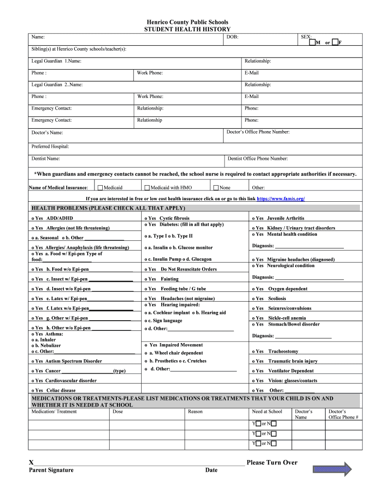 VA Henrico County Public Schools Student Health History 2019 Fill And