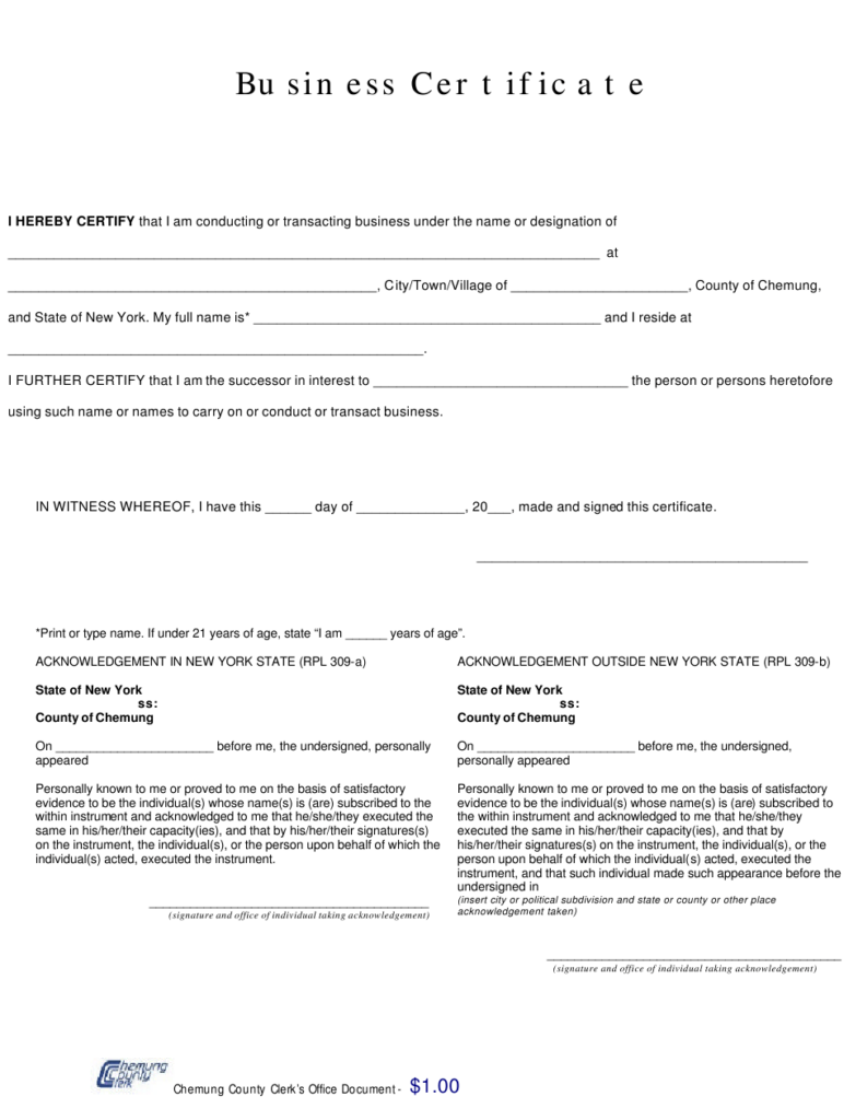 Chemung County New York Business Certificate Form Download Fillable 