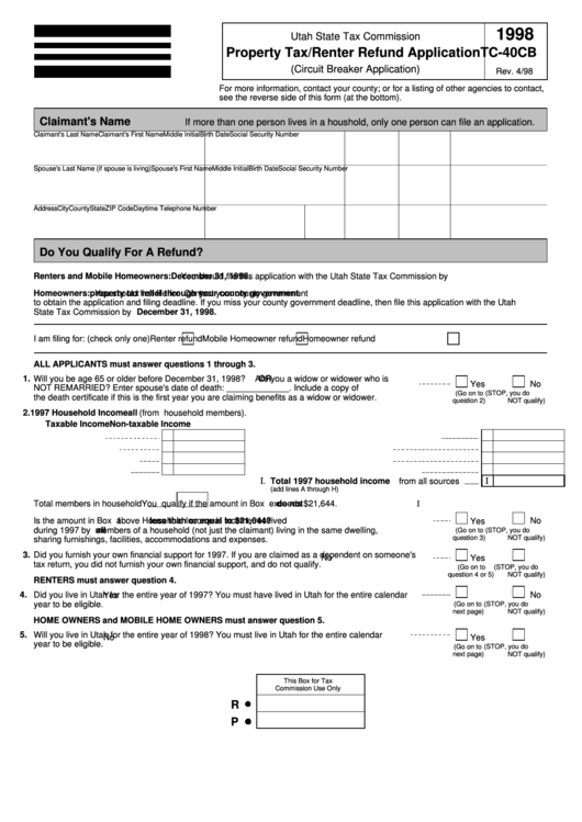 Fillable Form Tc 40cb Property Tax Renter Refund Application Utah Fillable Form Tc 40cb Property Tax renter Refund Application Utah