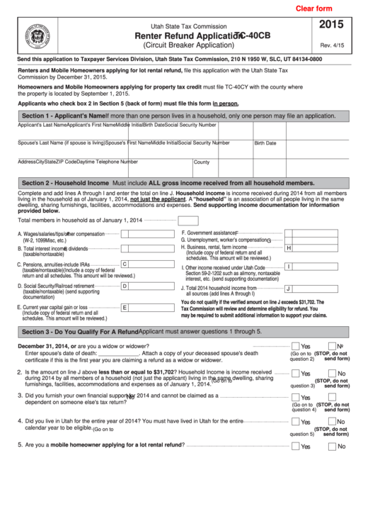 Fillable Form Tc 40cb Renter Refund Application 2015 Printable Pdf Fillable Form Tc 40cb Renter Refund Application 2015 Printable Pdf