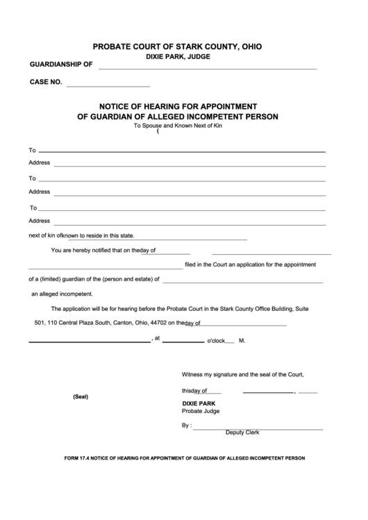 Fillable Notice Of Hearing For Appointment Of Guardian Of Alleged 
