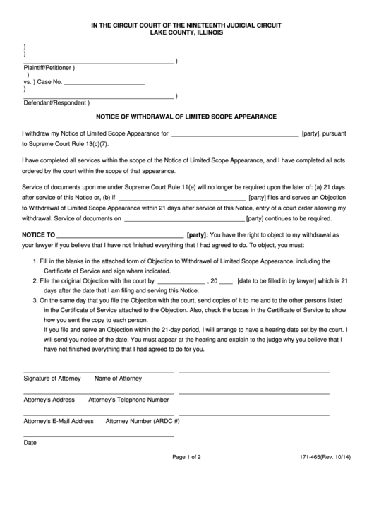 Fillable Notice Of Withdrawal Of Limited Scope Of Appearance Form