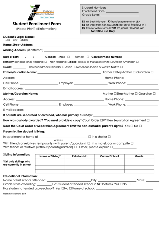 Fillable Student Enrollment Form Cabarrus County Schools Printable