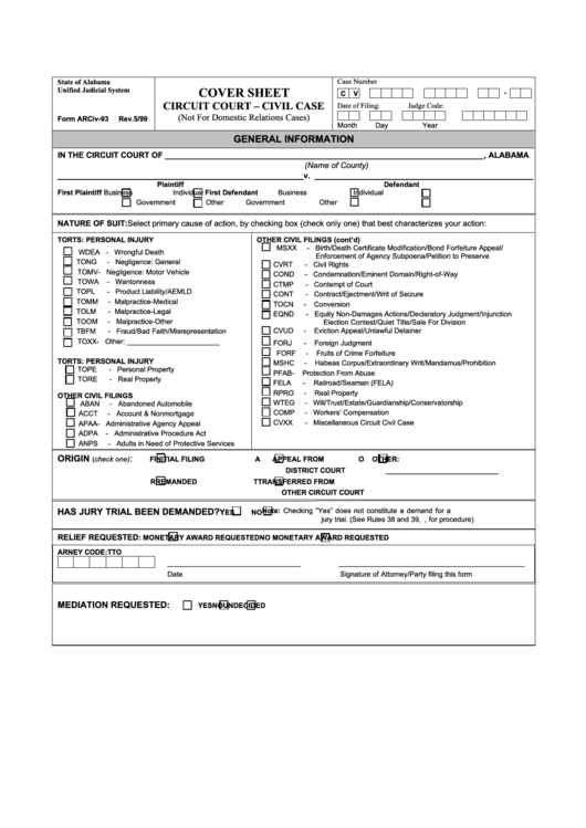 Form Arciv 93 Cover Sheet Circuit Court Civil Case State Of