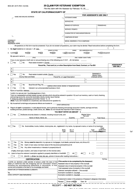 Form Boe 261 Claim For Veterans Exemption Printable Pdf Download