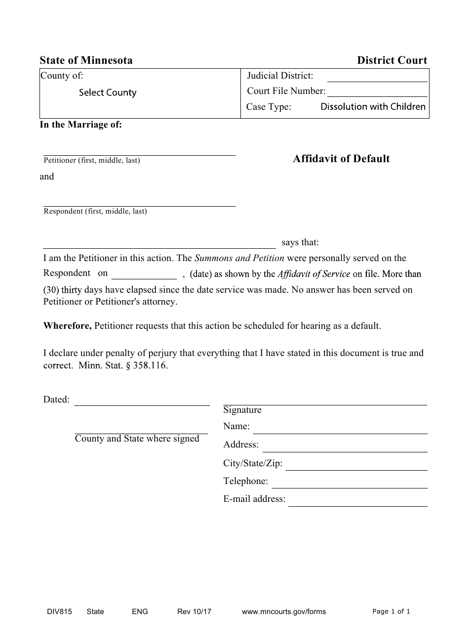 Form DIV815 Download Fillable PDF Or Fill Online Affidavit Of Default
