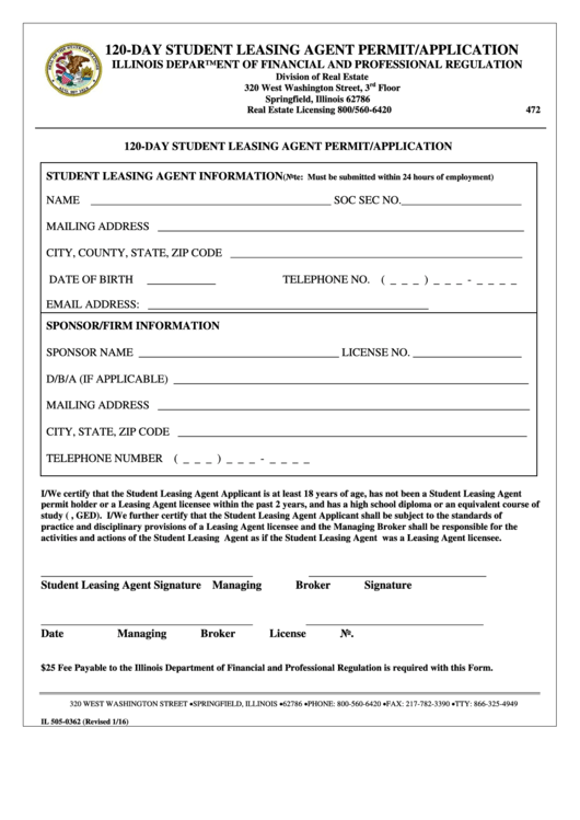 Form Il 505 0362 120 Day Student Leasing Agent Permit application 
