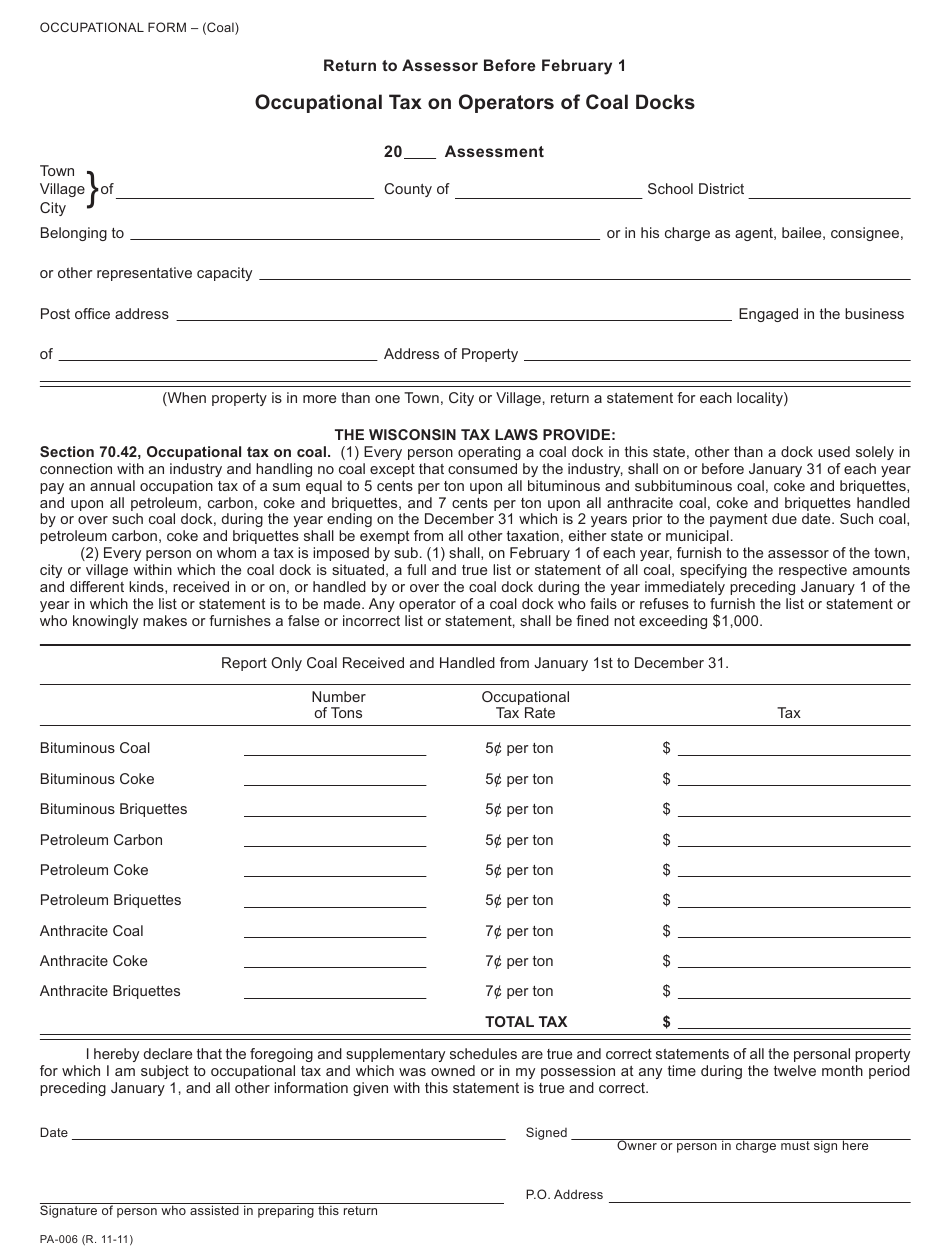 Form PA 006 Download Printable PDF Or Fill Online Occupational Tax On Form PA 006 Download Printable PDF Or Fill Online Occupational Tax On