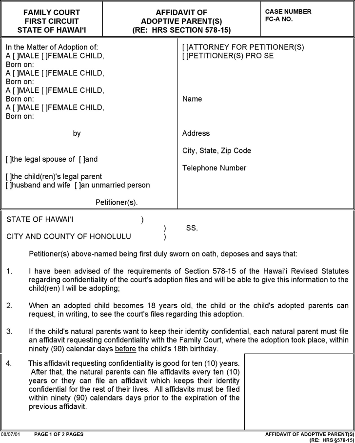 Free Hawaii Affidavit Of Adoptive Parents Form PDF 52KB 2 Page s 