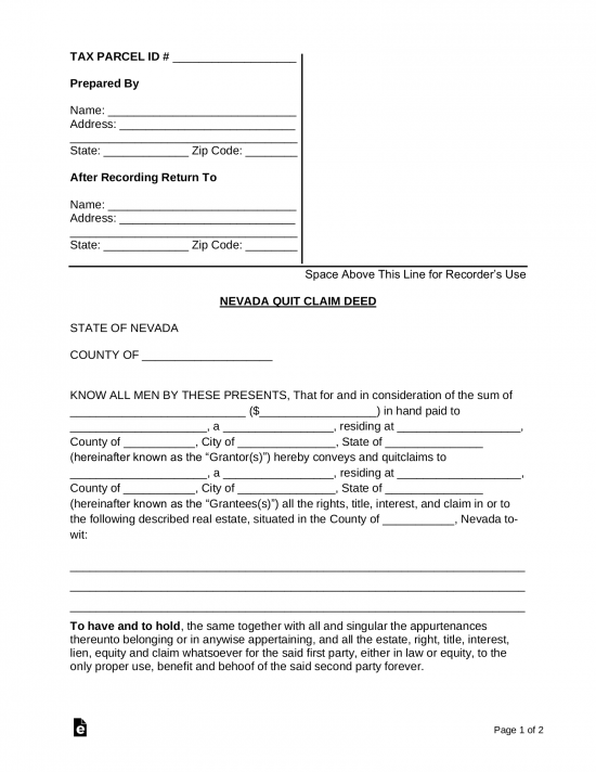 Free Nevada Quit Claim Deed Form Word PDF EForms
