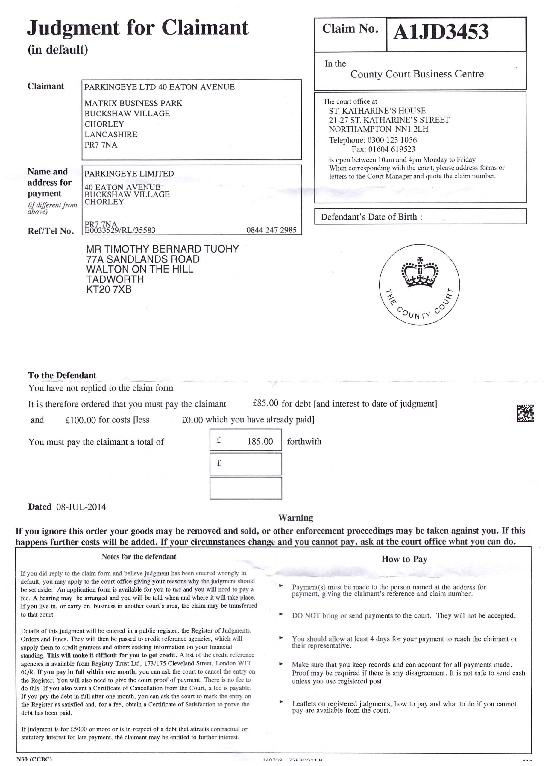I Have Received A Judgement For Claimant Form From Northampton County