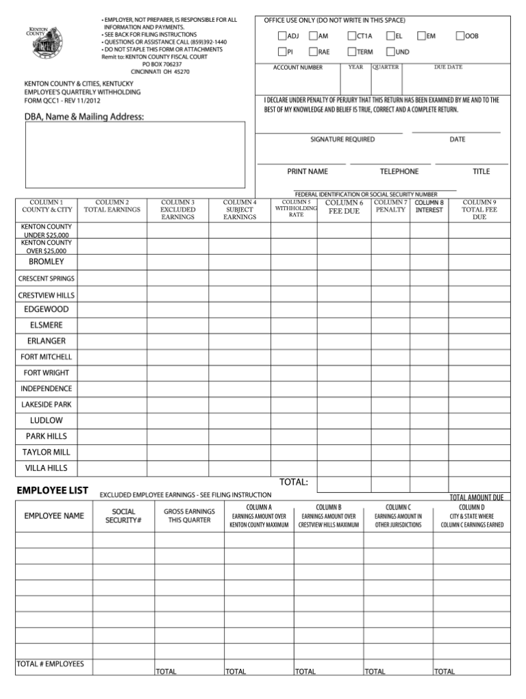 Kenton County Cities Kentucky Employee S Quarterly Withholding Form