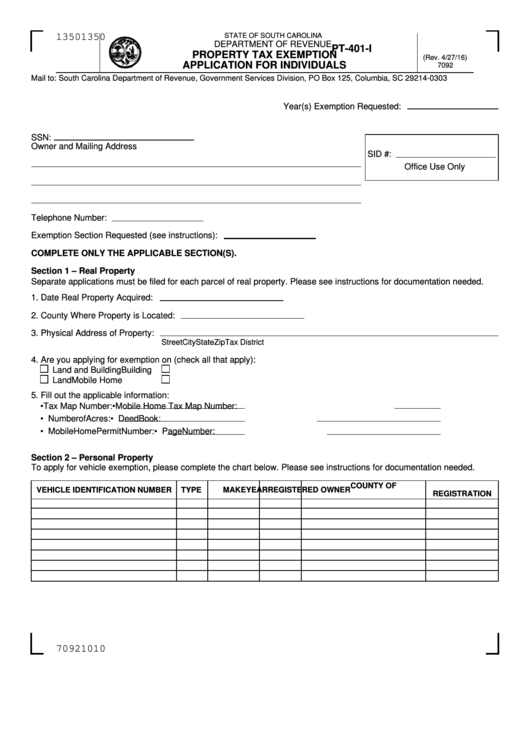 Sc Property Tax Exemption Application For Individuals Printable Pdf 