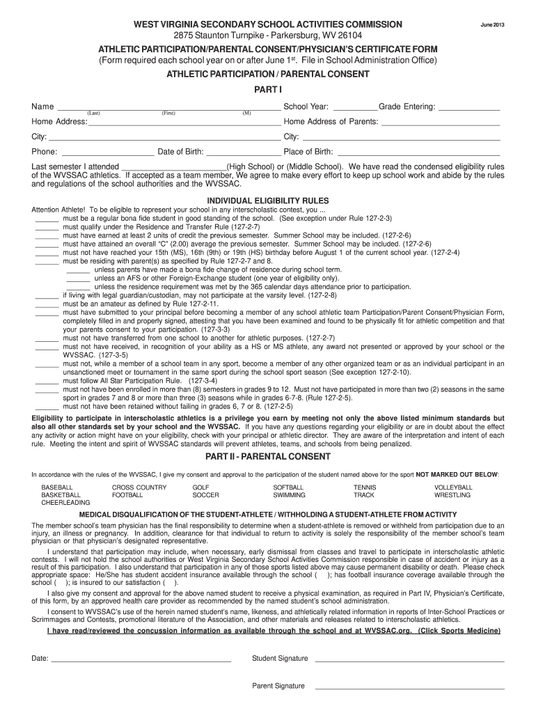 2013 2023 WV Athletic Participation Parental Consent Physician s