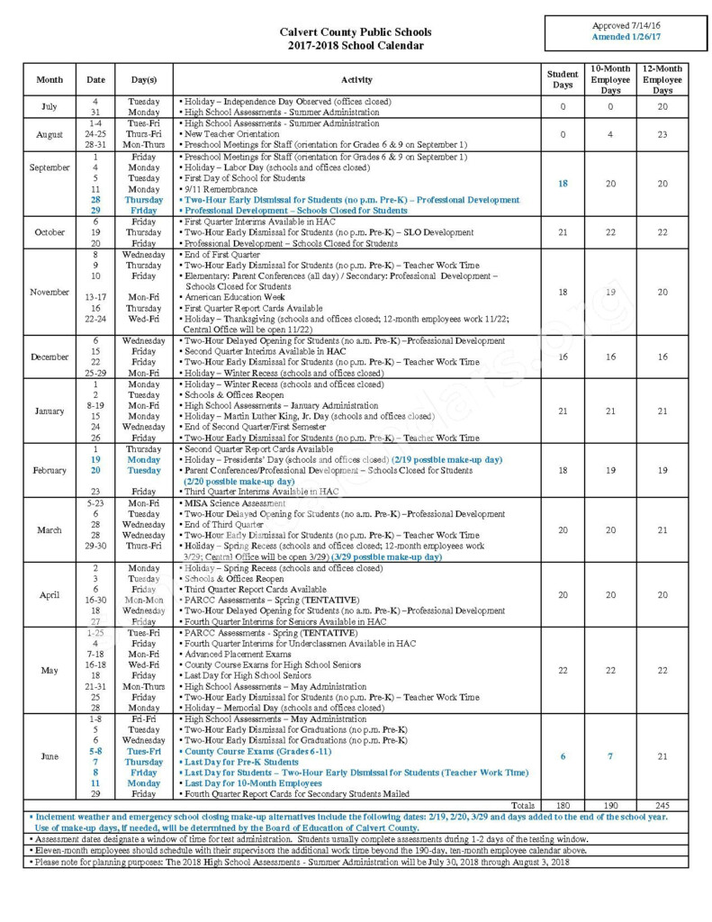 Calvert County Public Schools Calendars Prince Frederick MD
