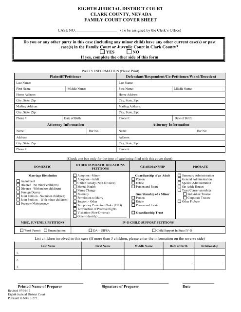 Family Court Cover Sheet The Clark County Courts In Las Vegas