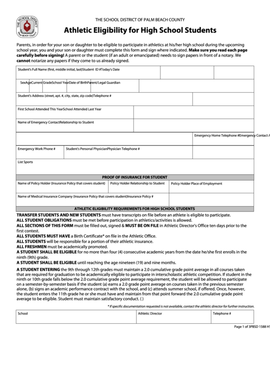 Fillable Athletic Eligibility For High School Students The School 