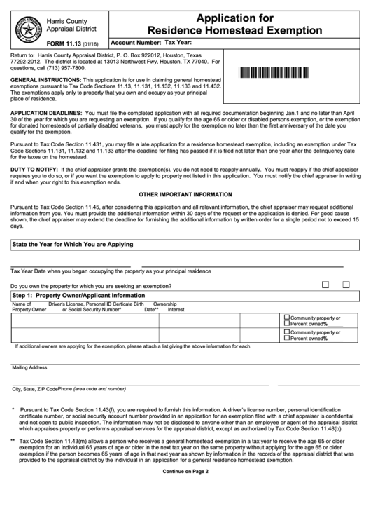 Fillable Homestead Exemption Harris County Appraisal District 