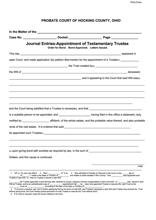 Fillable Journal Entries Appointment Of Testamentary Trustee Probate