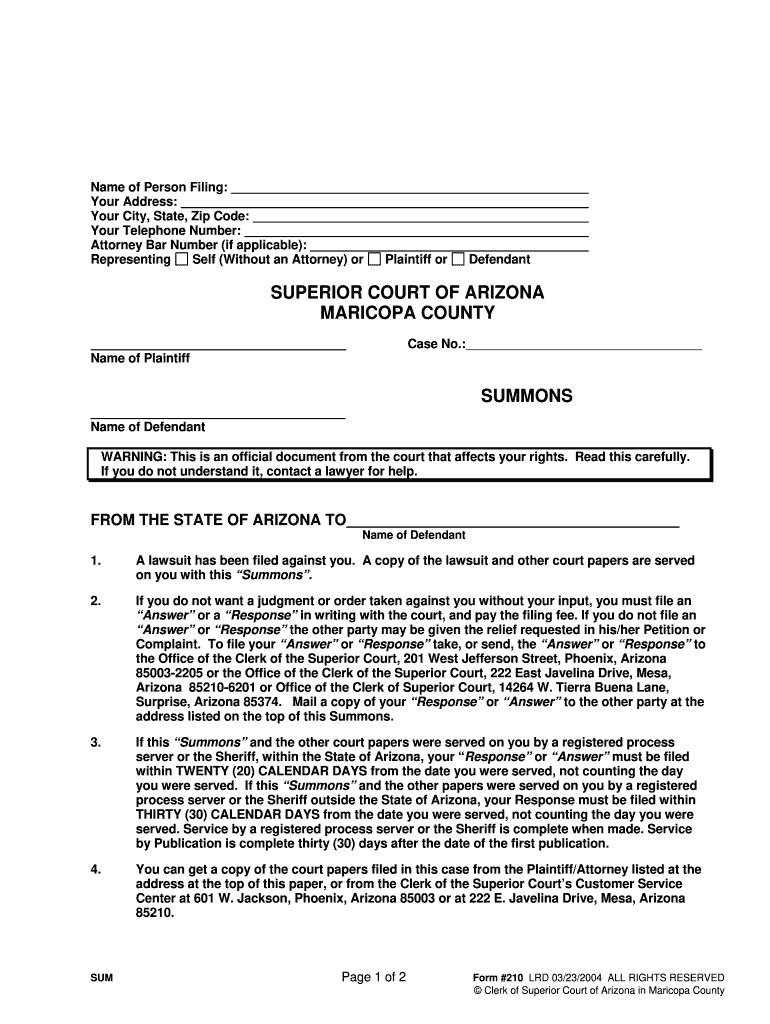 Fillable Online Clerkofcourt Maricopa Maricopa County Summons Form Fax