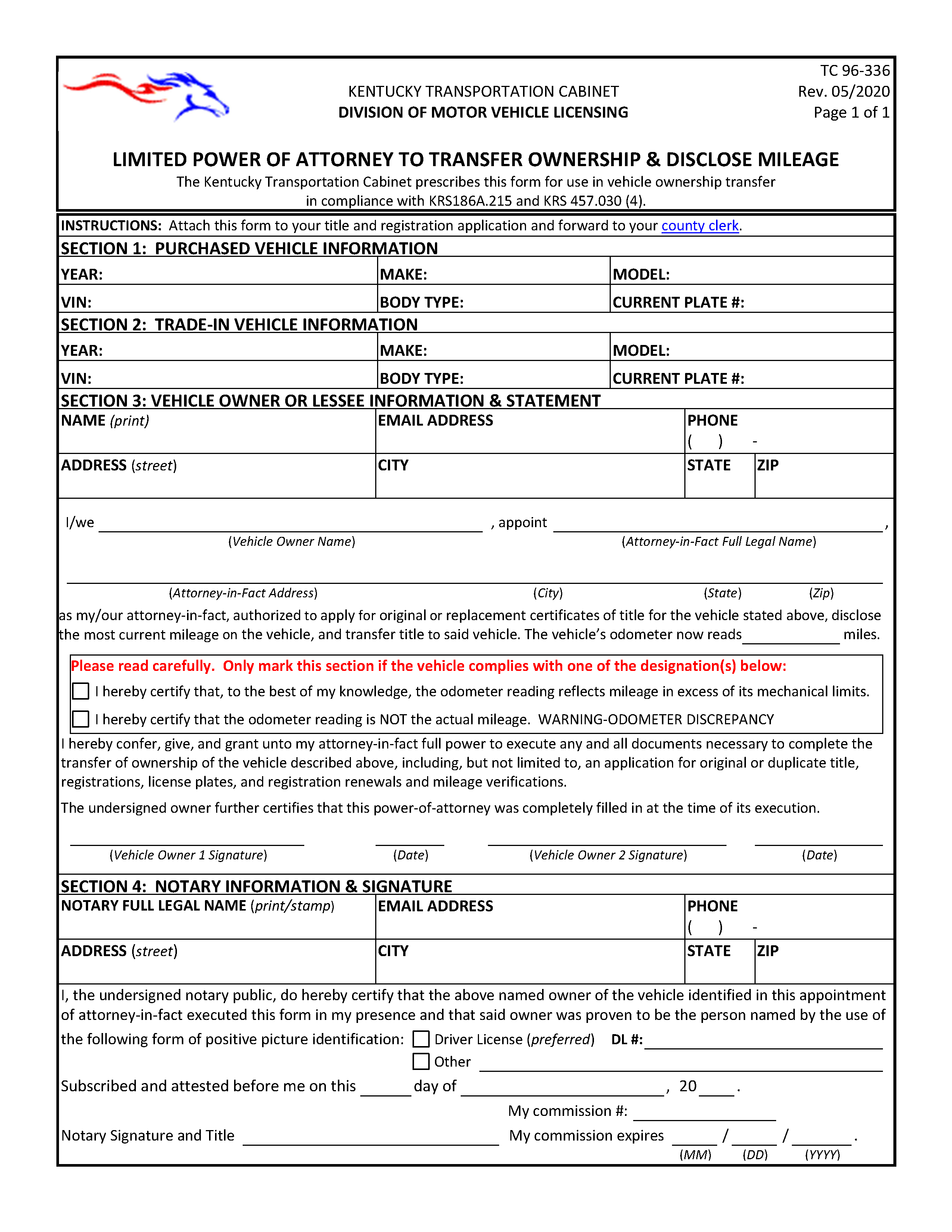 Free Kentucky Motor Vehicle Power Of Attorney Form TC96 336 PDF Word Free Kentucky Motor Vehicle Power Of Attorney Form TC96 336 PDF Word