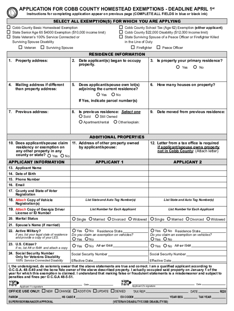 GA Application For Cobb County Homestead Exemptions 2020 2022 Fill GA Application For Cobb County Homestead Exemptions 2020 2022 Fill