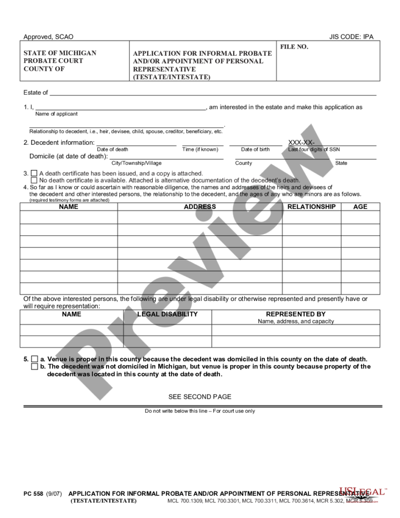 Michigan Informal Probate Forms US Legal Forms
