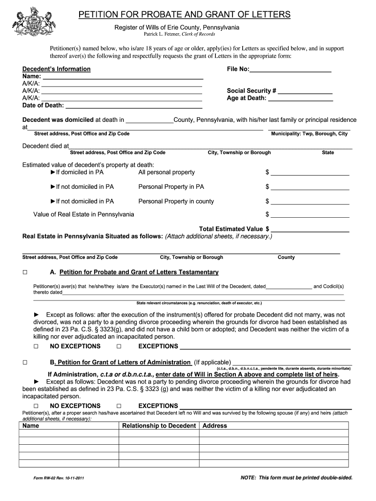 Pa Petition For Grant Of Letters Fill Out Sign Online DocHub
