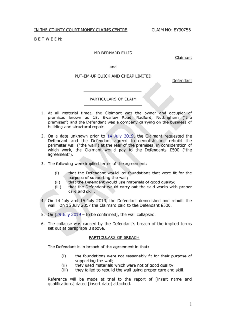 Particulars Of Claim IN THE COUNTY COURT MONEY CLAIMS CENTRE CLAIM NO 