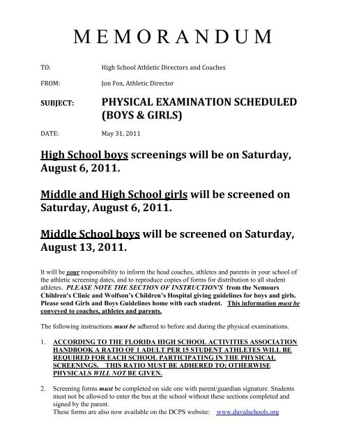 Physical Examination Scheduled Duval County Public Schools
