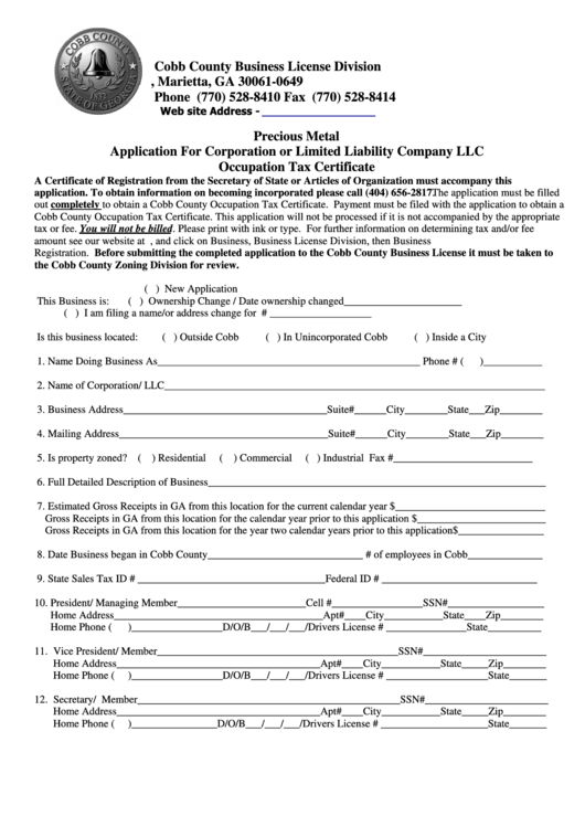 Precious Metal Application For Corporation Or Limited Liability Company Precious Metal Application For Corporation Or Limited Liability Company