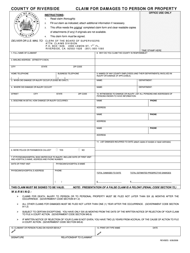 Riverside County Claim For Damages Form Fill Online Printable