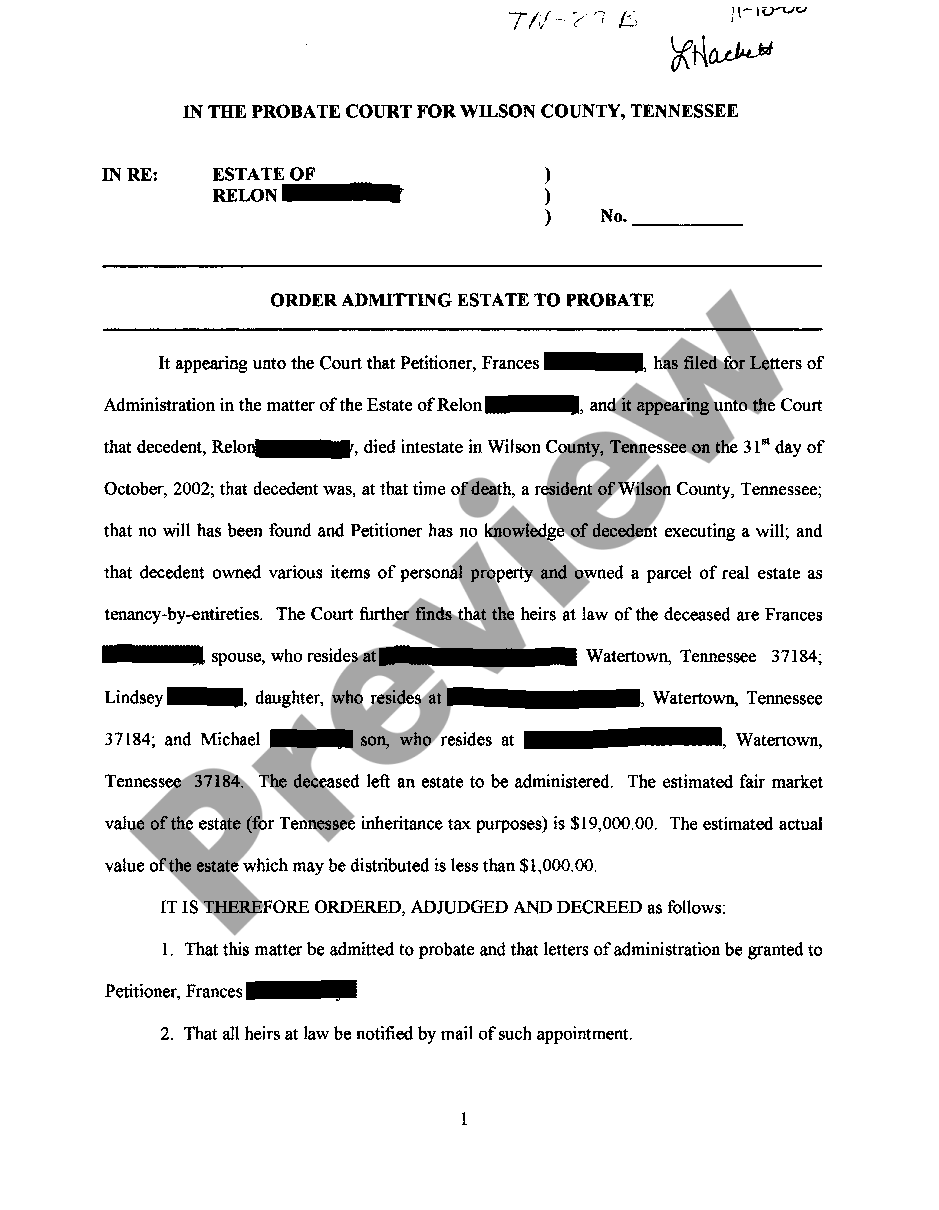 Tennessee Order Admitting Estate To Probate US Legal Forms
