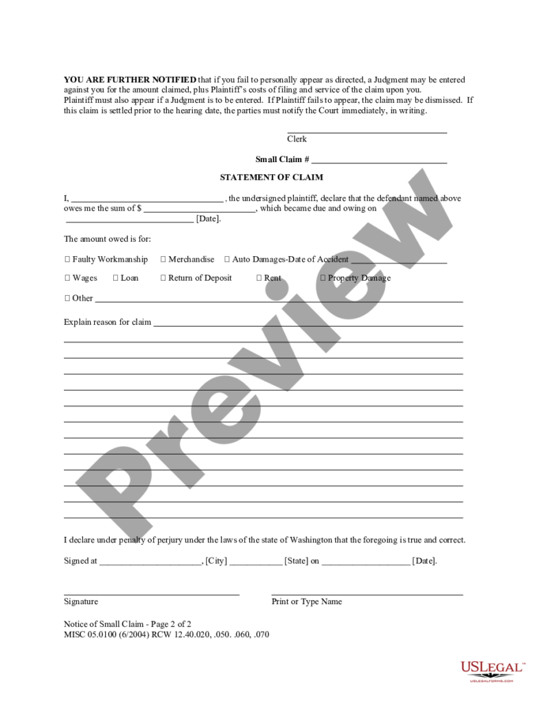 Washington MISC 05 0100 Notice Of Small Claim Washington State 